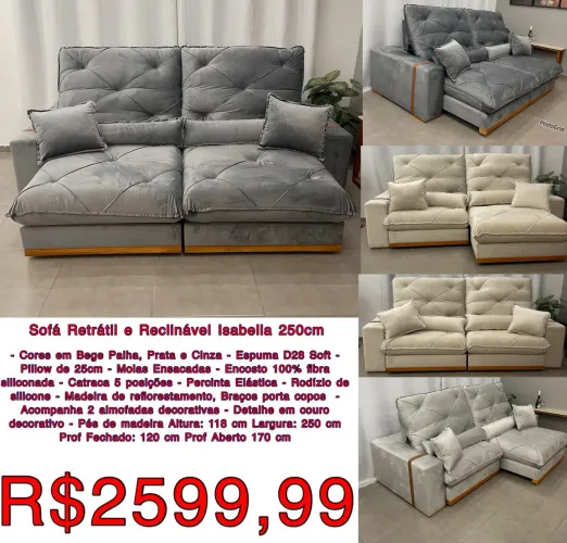 Sofá retrátil e reclinável Isabella 2.5m molas ensacadas várias cores / frete grátis