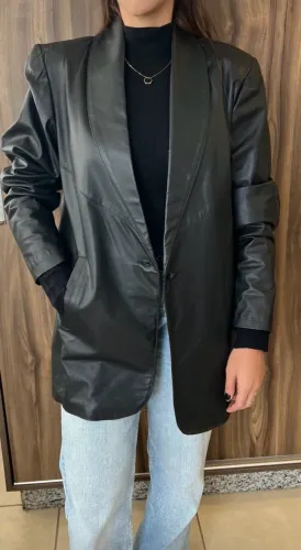 Casaco Blazer de Couro Legítimo Francesca Danello Preto Vintage Tam 44 (M/G)