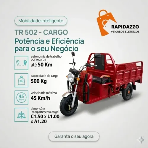 Triciclo Elétrico TR 502 Cargo - 500kg de Carga | Autonomia 50km | Homologado