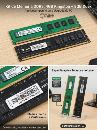 Kit Memória RAM Desktop DDR3 12GB (8GB Duex 1600MHz + 4GB Kingston PC3L