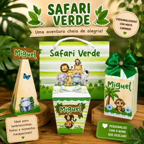 Caixinha Safári Verde - kit festa personalizados Peguei Monte