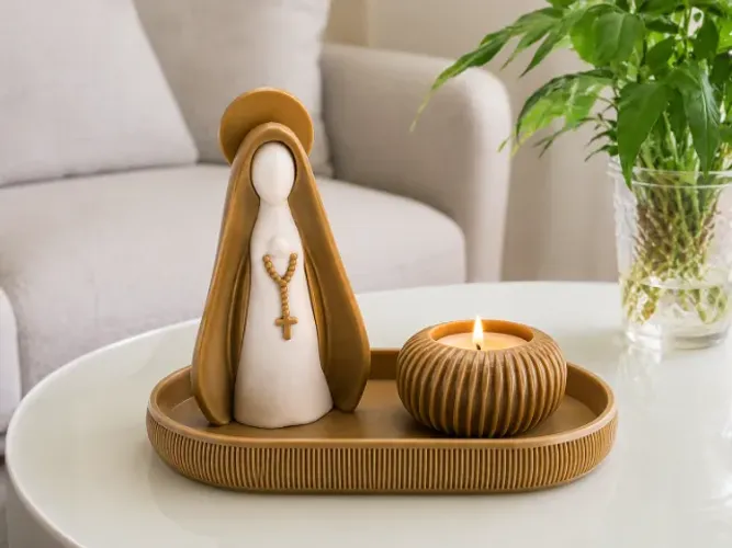 Estátua de Nossa Senhora + Porta-Velas e Bandeja