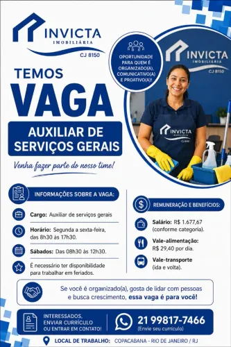 VAGA PARA AUXILIAR DE SERVIÇOS GERAIS - INVICTA IMOBILÍARIA