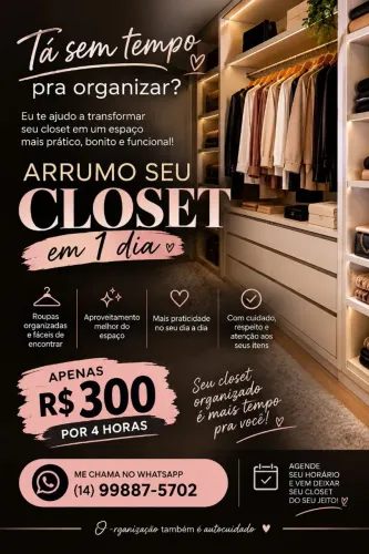 Organização de Closet e Guarda-Roupa | R$ 300 por 4 Horas