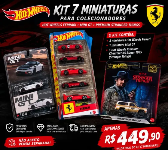 Kit 7 Miniaturas Hot Wheels Ferrari + Mini GT + Premium Stranger Things
