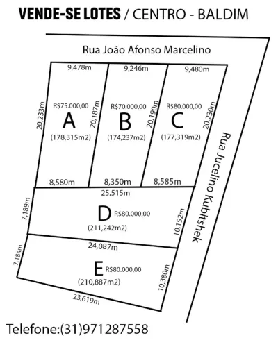 Vendo 5 lotes na cidade de Baldim MG no bairro centro, localização top, perto de BH.