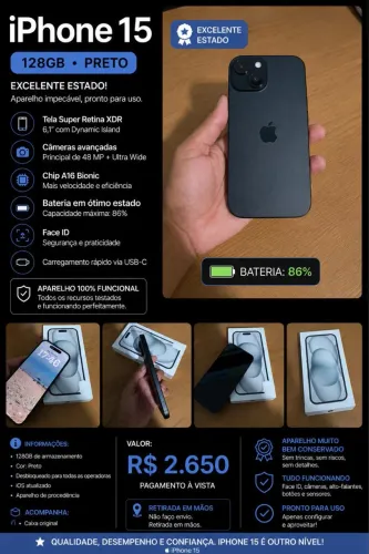 iPhone 15 128GB na cor preta