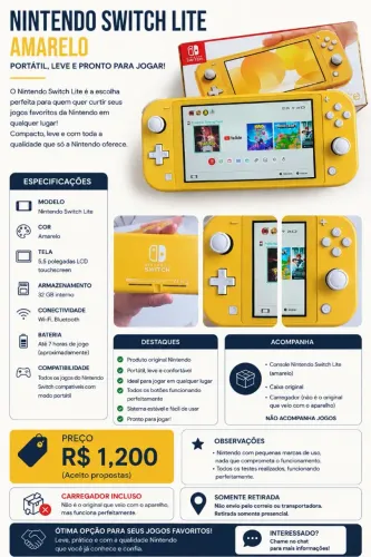 ? Vendo Nintendo Switch Lite Amarelo em ótimo estado de funcionamento.