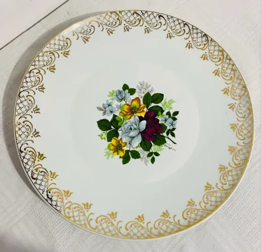 Prato De Bolo Antigo Porcelana Real 30cm Floral E Ouro