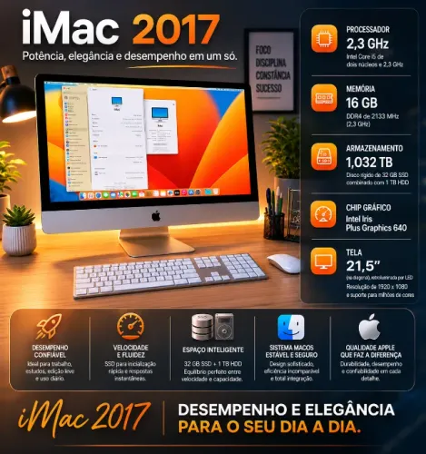 Imac 2017 c/16 gb de memoria - fusion drive com 32ssd + 1 tera de armazenamento - novinha