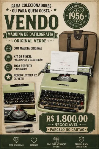 Vendo máquina de datilografia Olivetti Lettera 22 original com case e pinceis.