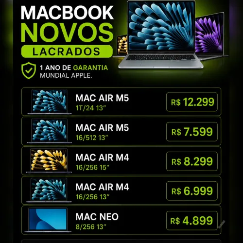 MACBOOK NOVO LACRADO COM 1 ANO DE GARANTIA, LOJA NO RIOMAR, ACEITAMOS O SEU USADO.