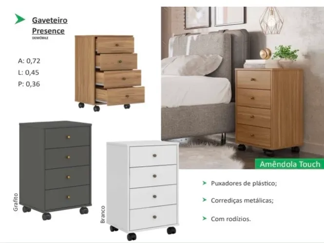 Gaveteiro presence com rodinhas