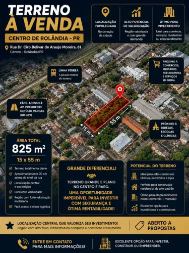 Terreno 825m² Centro de Rolândia | Avaliado em R$ 1,1 Mi | R$ 800 Mil