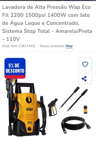 Lavadora de Alta Pressão WAP Eco Fit 2200<br>? Potência: 1400W
