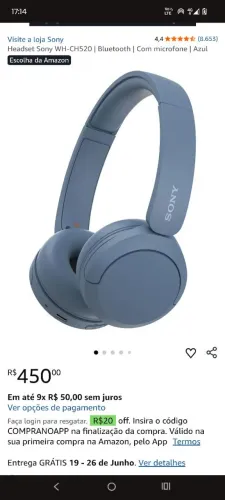 Headset Sony WH-CH520 | Bluetooth | Com microfone | Azul