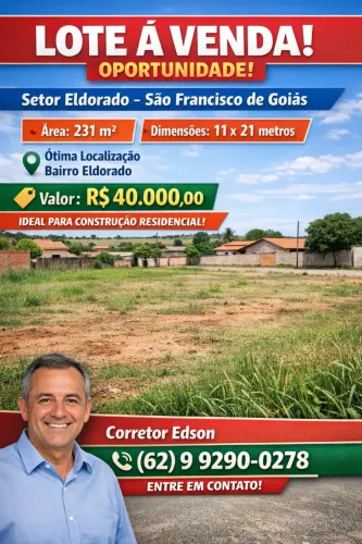 Vende-se lote no Setor Eldorado, na cidade de São Francisco de Goiás.