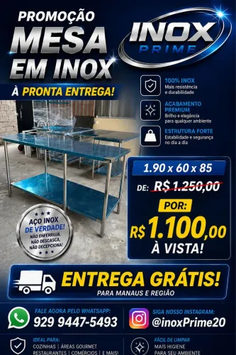 Mesa em inox Med 1.90x60x85 a pronta entrega
