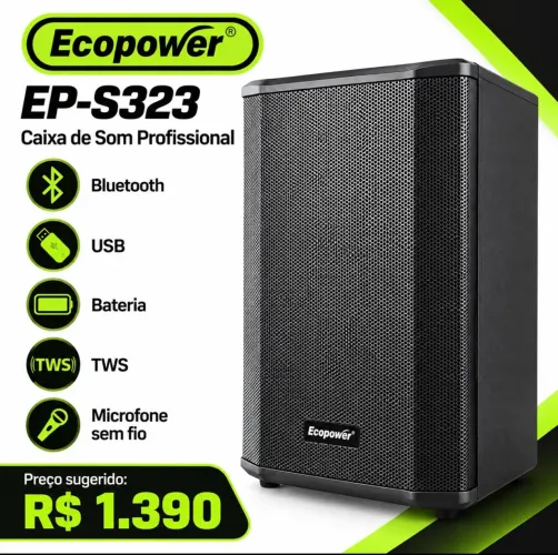Caixa de Som Ecopower EP-S323 Profissional - Bluetooth, USB, Bateria e TWS