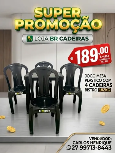 4 Cadeira Plástico Bistrô 182kg C/ Mesa 70x70 - Jogo Completo 
