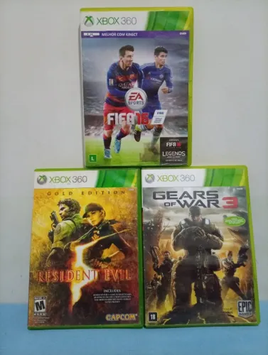 LOTE JOGOS XBOX 360 RESIDENT EVIL 5, FIFA 16 E GEARS OF WAR