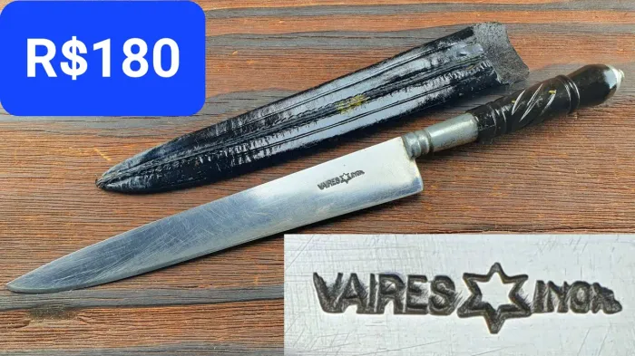 Antiga Faca de Aço Inox Vaires, com Bainha de Couro