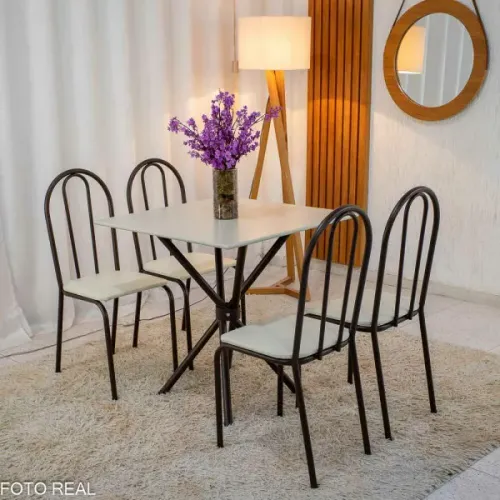 Mesa de Cozinha Base Ipanema Marrom Tampo Pedra OFF 75x75 4 Cadeiras Ubatuba Assento Creme
