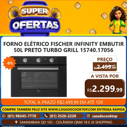 FORNO ELETRICO FISCHER INFINITY EMBUTIR 50L PRETO TURBO GRILL 15740.17056