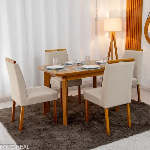 Mesa de Jantar Londrina 120x80  + 4 Cad. Isabela Linho Madeira - RUFATO