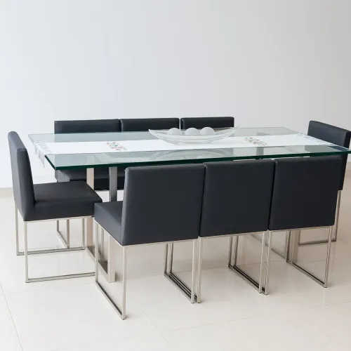 Mesa de Jantar com 8 Cadeiras - Design Moderno | Tampo de Vidro + Estrutura em Alumínio
