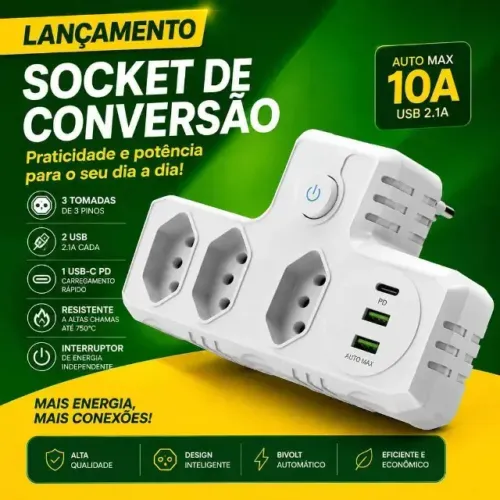 Adaptador Filtro Socket Conversão 4 Tomadas 2 Usb Tipo C