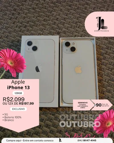 IPHONE 13, 5G, 128GB, BRANCO, BAT 100%, SEMINOVO, EXCLUSIVO!