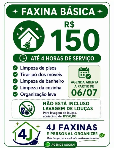 Faxina Básica por R$150 | Até 4 Horas | Agenda Aberta a partir de 06/07