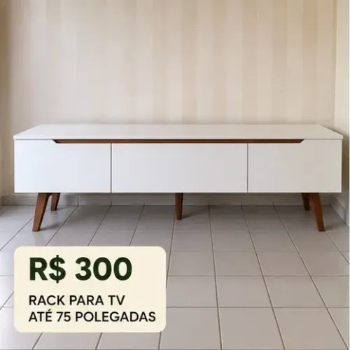 Rack para TV até 75 Polegadas Branco com Pés de Madeira