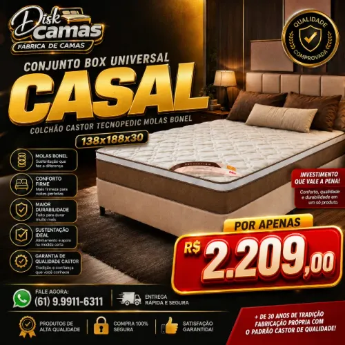 Conjunto Box Universal Casal 138x188 | Colchão Castor Tecnopedic Molas Bonel | R$ 2.209