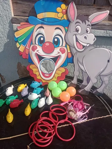Kit Brincadeiras Festa Junina - Boca do Palhaço, pescaria e Argolas