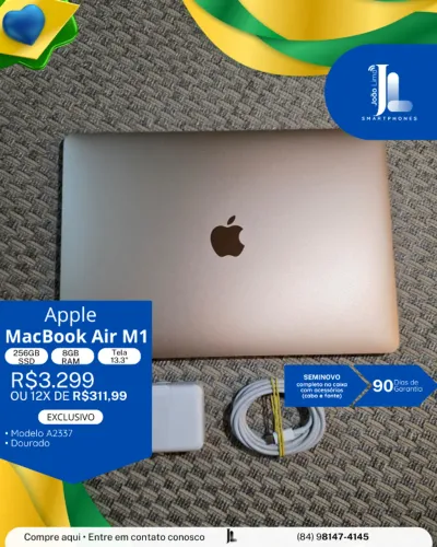 MACBOOK AIR M1, 256GB, 8GB RAM, TELA 13.3 POL., DOURADO, SEMINOVO, EXCLUSIVO!