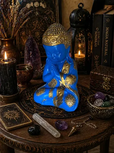 Buda Gratidão Azul Artesanal Gesso