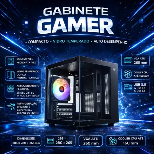 Gabinete Gamer Mini-TowerLateral de Vidro Com 1 Fan- Preto