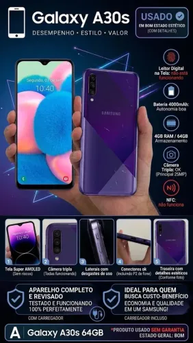 Samsung Galaxy A30s 64GB Roxo + Carregador | R$ 350