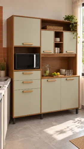 >NOVO< Armário de Cozinha Creme e Amadeirado com 5 Portas e 3 Gavetas