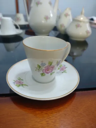 Conjunto de Café Porcelana Decorada Floral Completo Com Cafeteira - Vintage anos 80