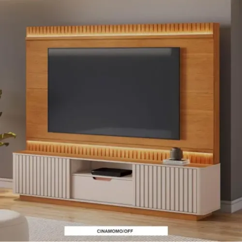 Rack Atena Cinamomo/Off C/Detalhe Ripado e LED JCM - Entrega Rápida!