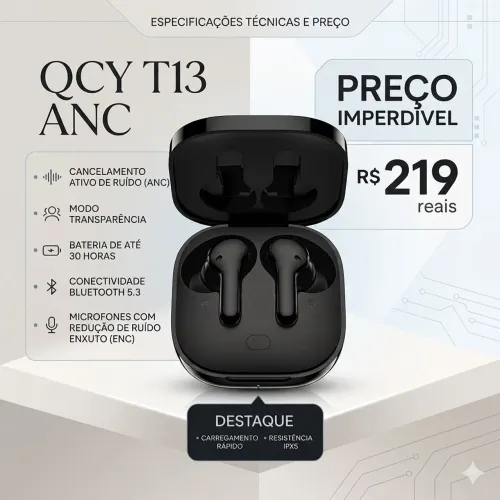 Fone Bluetooth Qcy T13 ANC Premium Preto (Original e Lacrado)