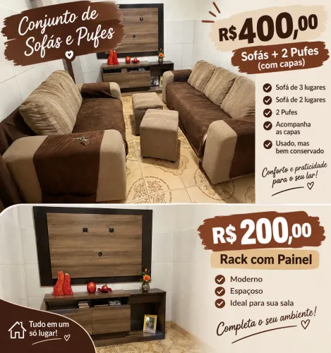 Conjunto de sofá e pufes 