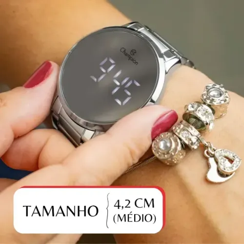 Relógio Feminino Champion Prata Luxo + Pulseira Berloques Correia Prateado Bisel Prateado