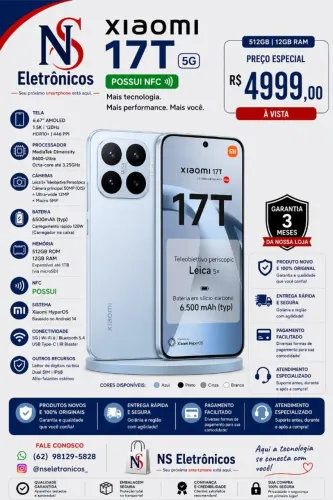 Smartphone Xiaomi 17T 5G 512GB 12GB RAM Câmera Leica Zoom 5x HyperCharge 67W NFC Dual SIM