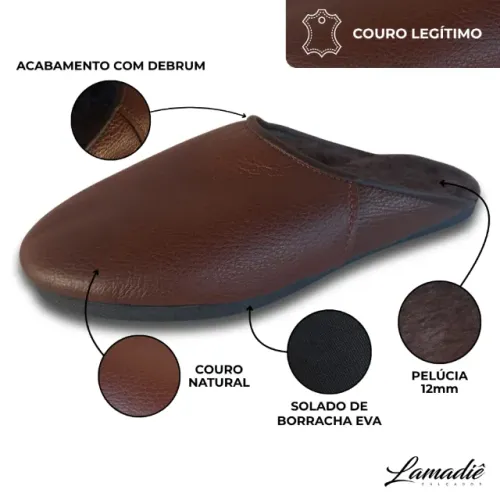 Chinelo de Couro Legítimo com Lã Adulto Pelúcia Confortável para Inverno