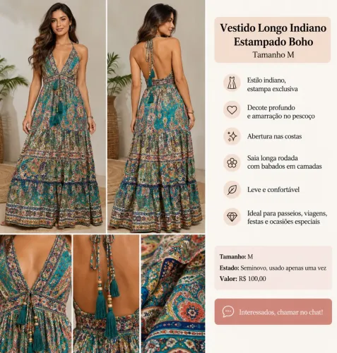 Vestido Longo Indiano Estampado Boho - Tamanho M