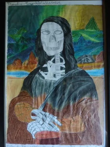 Quadro Mona Lisa Esqueleto - Releitura Artística Feita à Mão (Com Moldura)